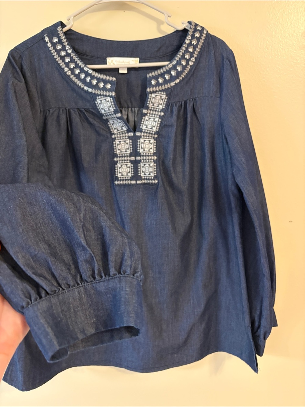 Suzanne Betro Weekend Denim Blue Embroidered Boho Blouse Top Size L